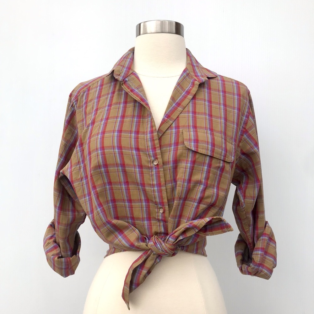 Vintage 70’s brown red purple plaid button down long sleeve shirt top